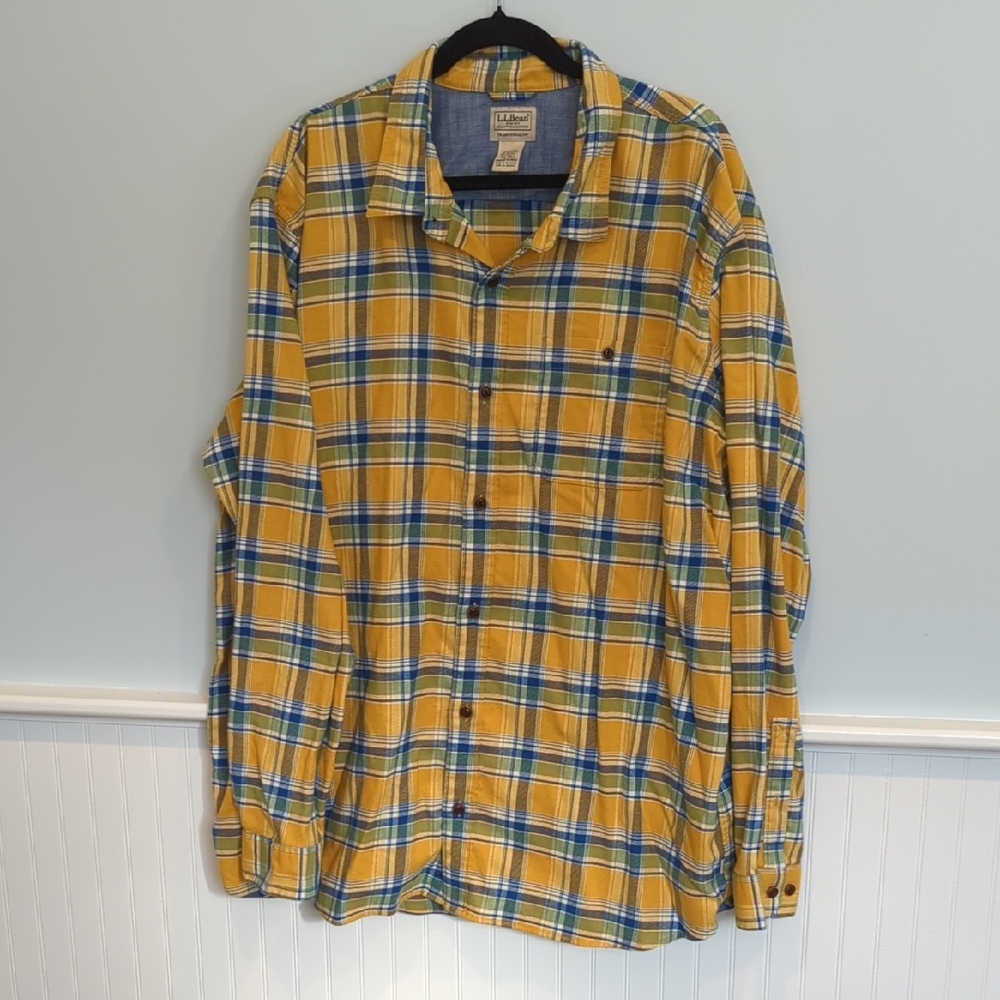 L.L. Bean Men's Yellow and Blue Checkered Shirt